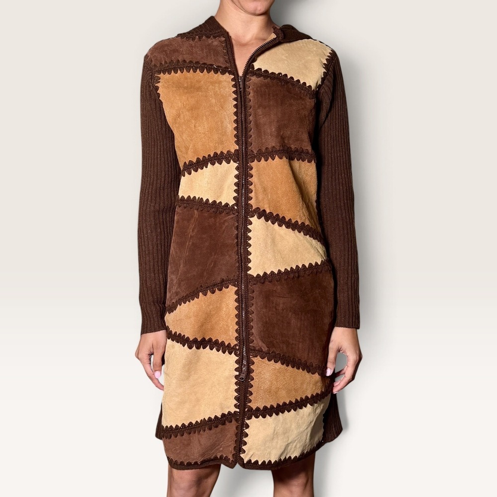Misdemeanor Vintage Suede Patchwork Hooded Sweater Midi Dress Brown Med Y2K EUC